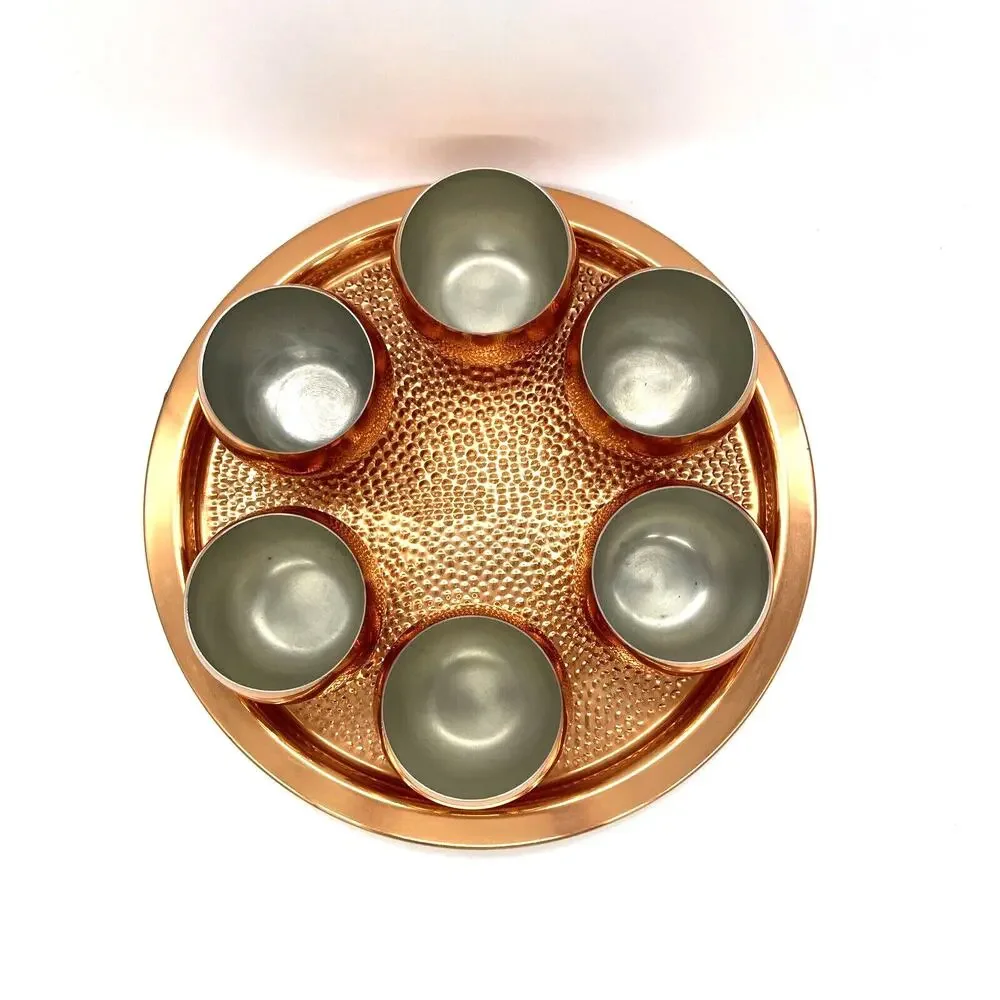 MCM Coppercraft Guild Copper Hammered Tray & 6 Roly Poly Cups Mid Century Modern